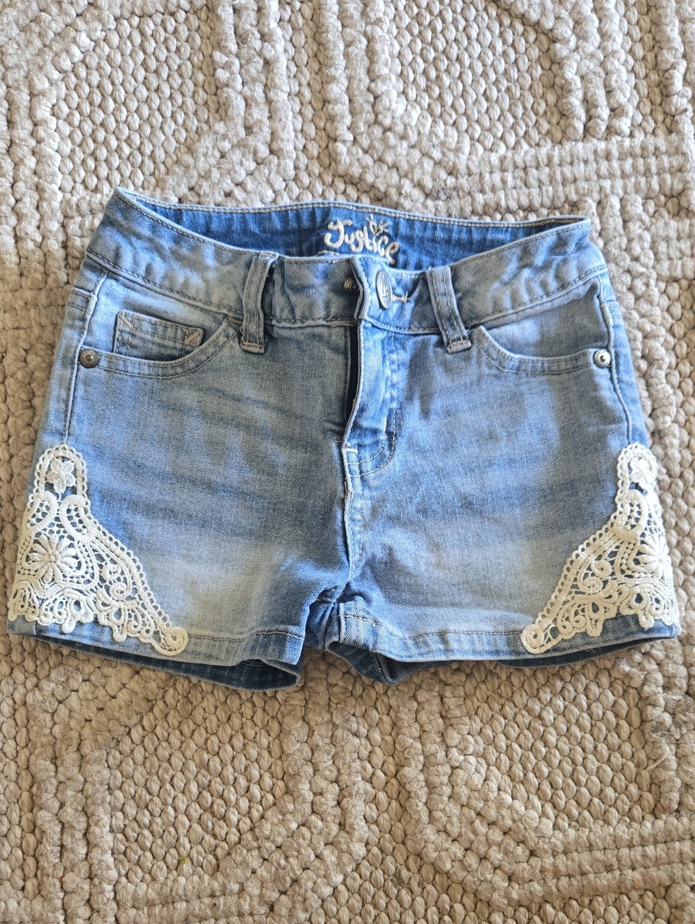Justice Light Wash Denim Shorts with White Crochet Trim